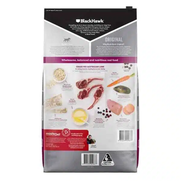 Back cover of the 20kg Black Hawk Adult Lamb & Rice pack